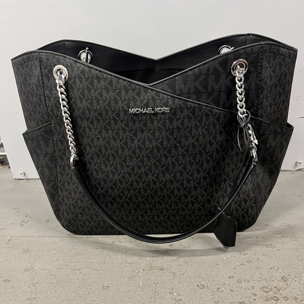 Michael Kors Jet Set Tote Shoulder Bag Gray MK Monogram Black Trim Logo‎ New